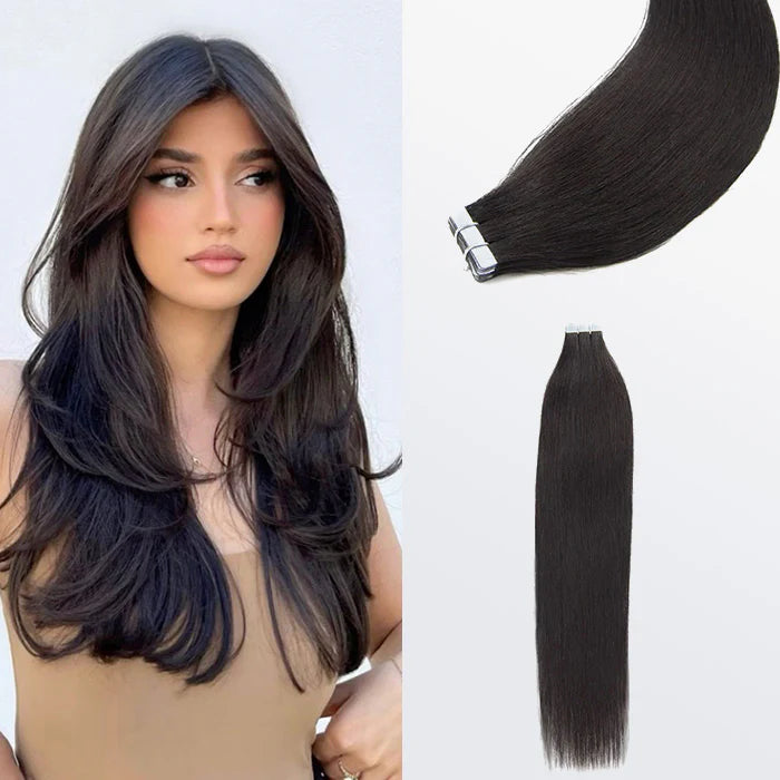 “Luxury Straight Tape-In Remy Hair Extensions, #1B Black”