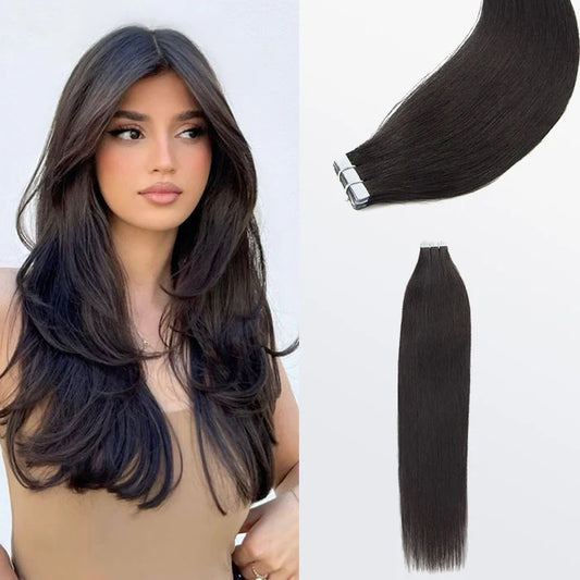 “Luxury Straight Tape-In Remy Hair Extensions, #1B Black”
