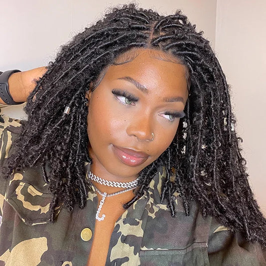 Short Butterfly Locs Wig 14” – 4×4 Lace Closure, 200% Density, 100% Handmade