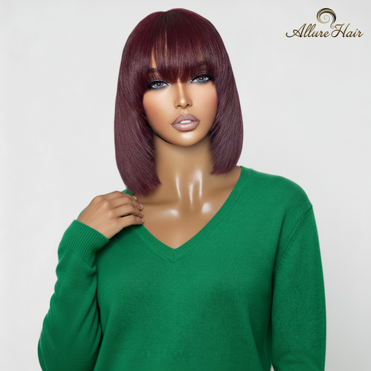 Allure Luxe 10” Reddish Purple Yaki Lace Bob – Layered Cut with Bangs