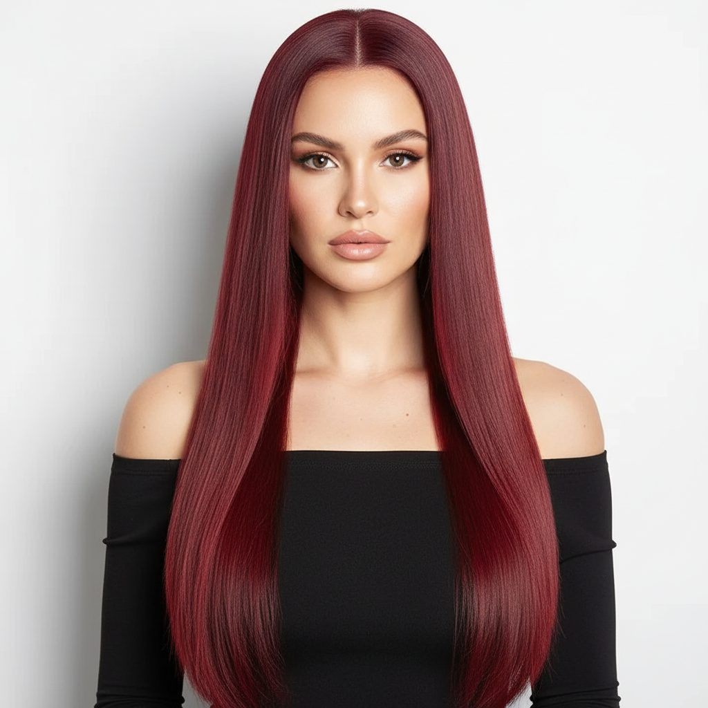 Burgundy 24” Straight Lace Front Wig – 13×4, 150% Density Human Hair